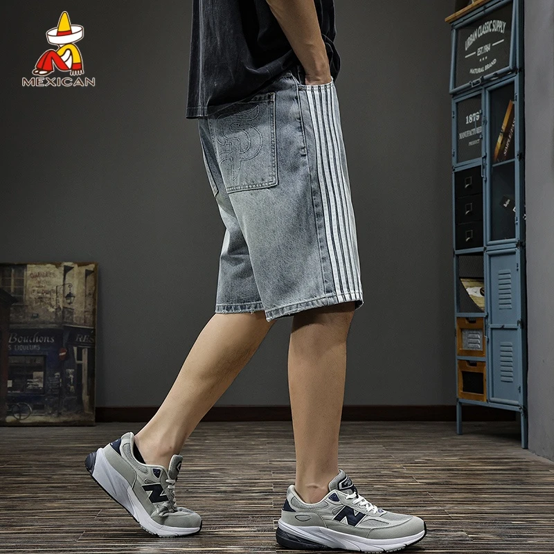 Mexican/稻草人夏季男士宽松短裤美式休闲直筒中裤条纹牛仔五分裤