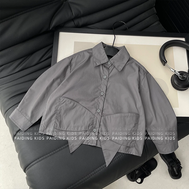 【阿湫】春秋装女童韩版时尚个性纯色蝴蝶结拼接设计感衬衫HCXZ4563