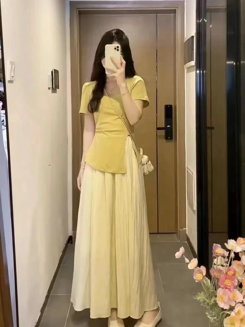 不规则绑带方领正肩短袖t恤女夏季2025年新款减龄高腰裤裙一整套