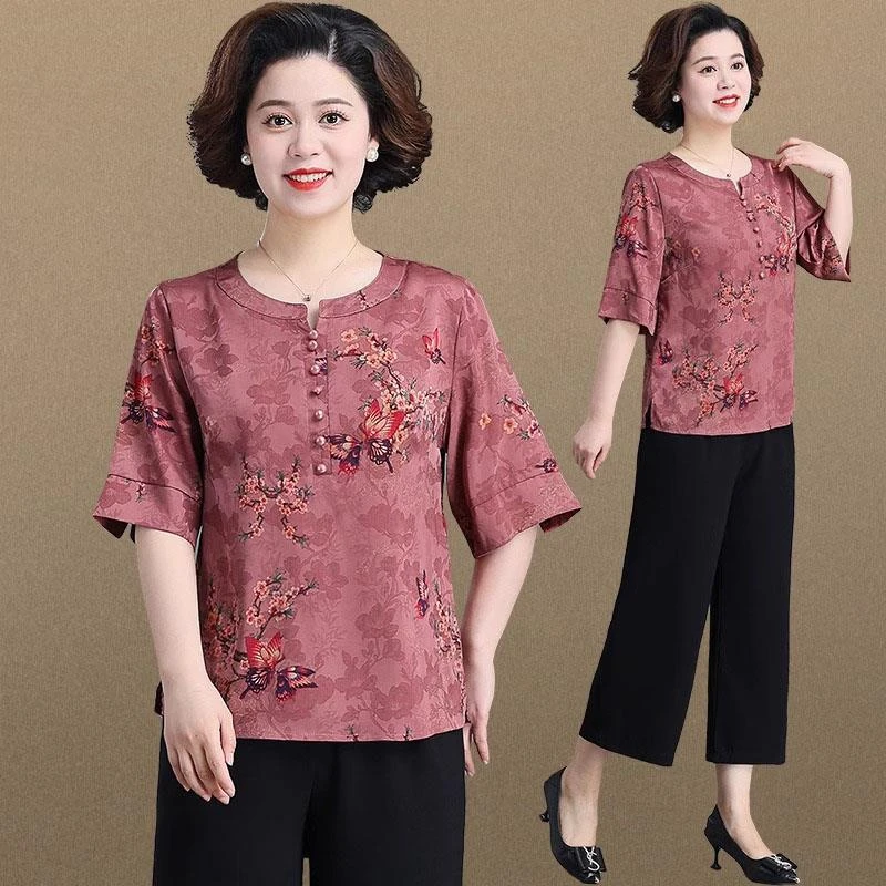 妈妈夏装套装洋气高贵2025新款中老年人女夏季短袖T恤上衣两件套