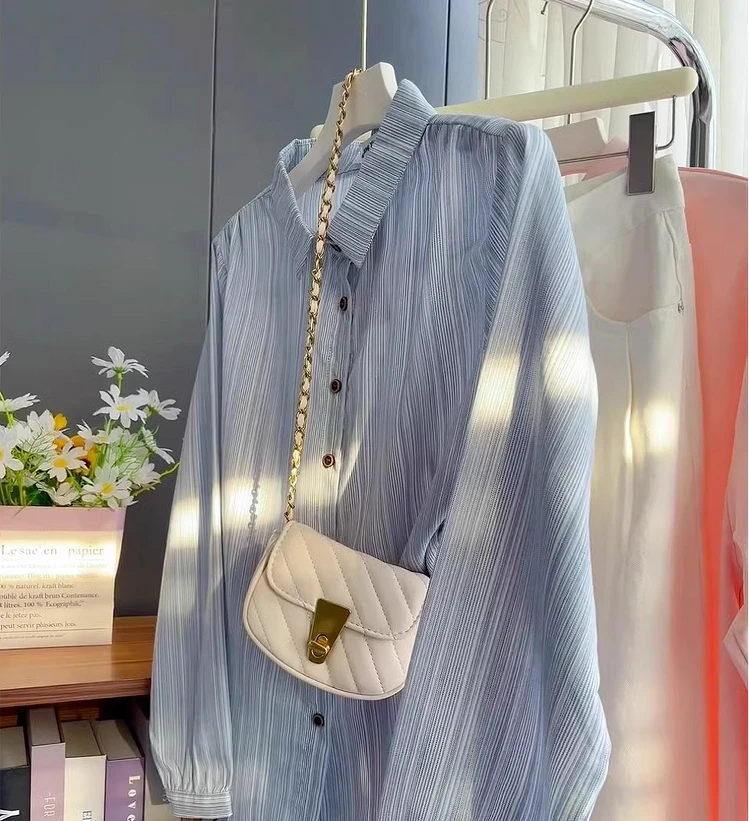 极简风慵懒衬衣棉气质宽松韩版显瘦时尚蓝色条纹衬衫长袖