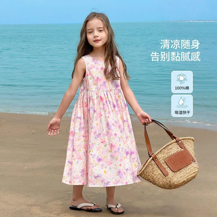 图图小象女童连衣裙2025夏季新款纯棉田园粉碎花公主裙无袖背心裙