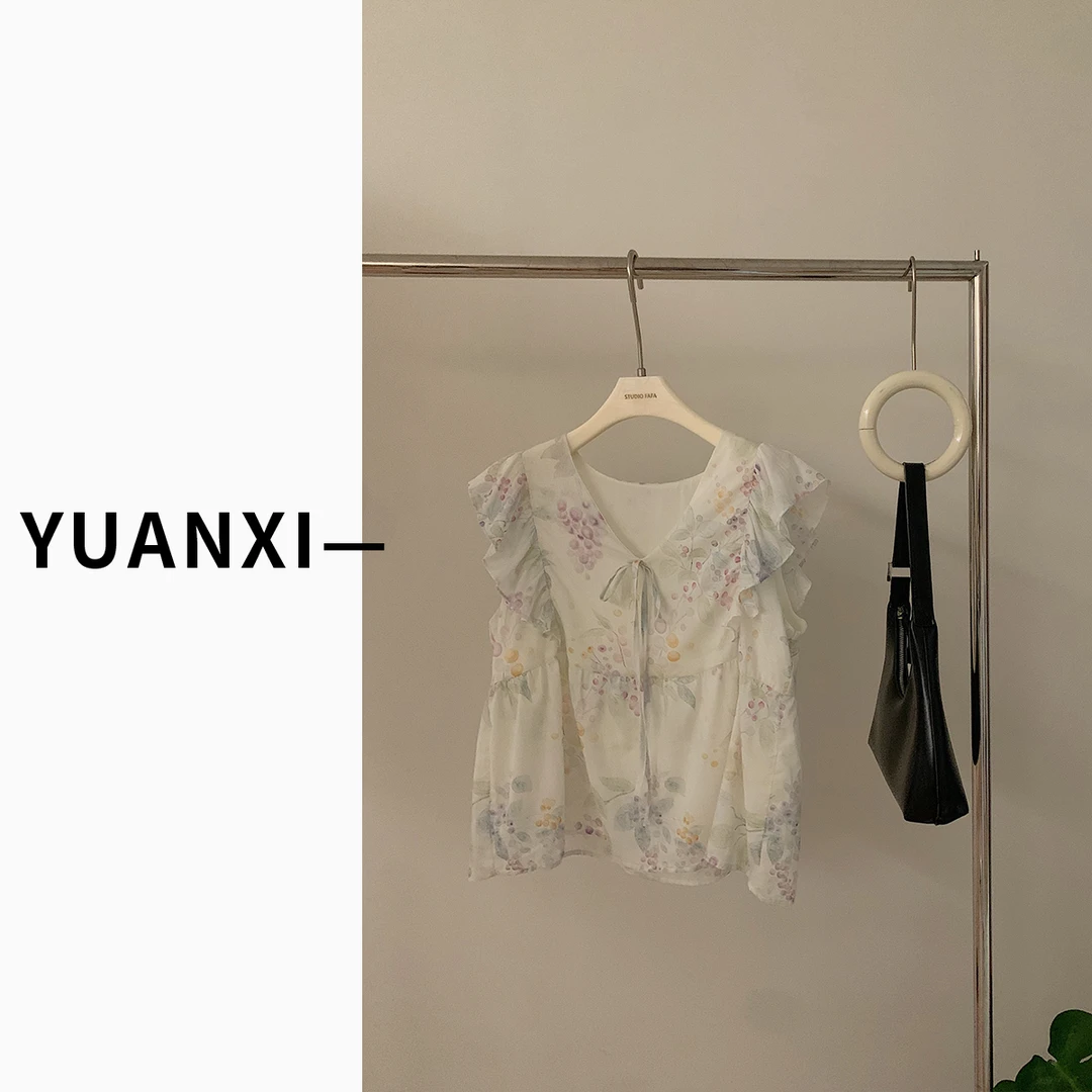 【FAFAJIA】F767 法式V领设计感碎花无袖背心衬衫女夏季