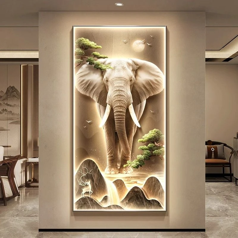 新中式玄关装饰画轻奢大象走廊过道挂画高档大气入户正对门壁画灯