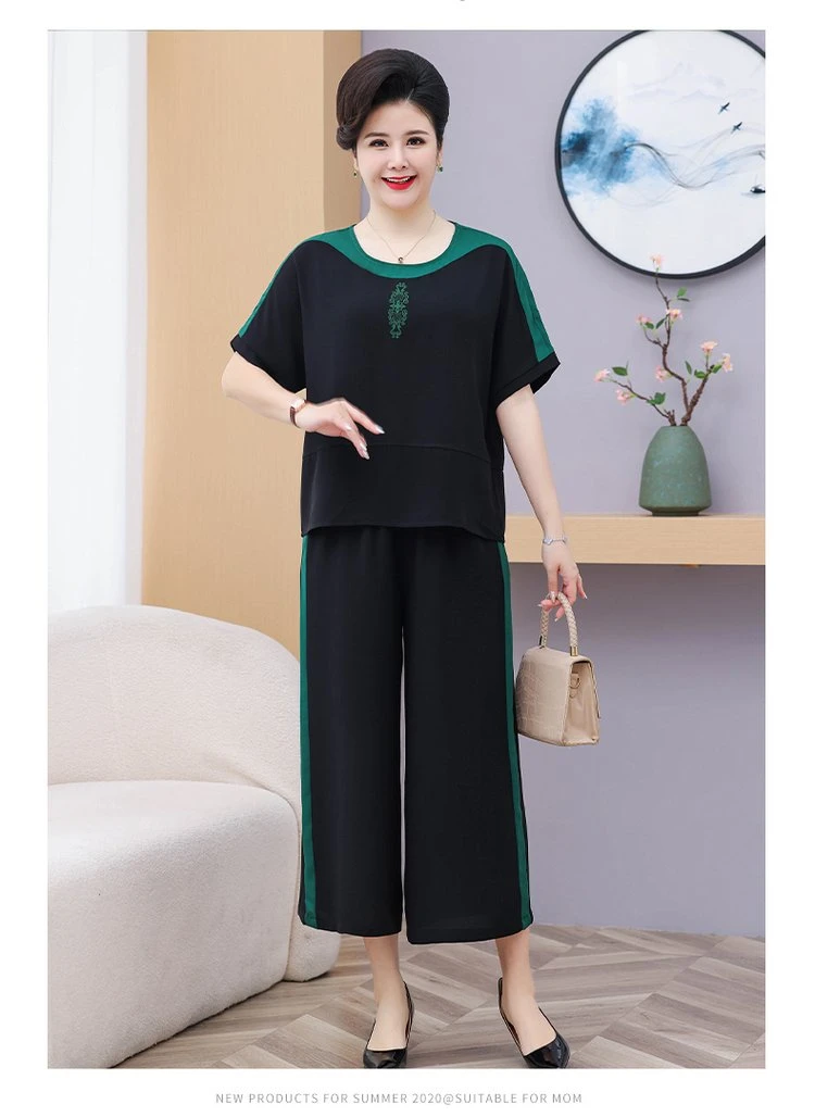 【241】夏季2025精品时尚气质妈妈装短袖两件套加肥纯色休闲母亲
