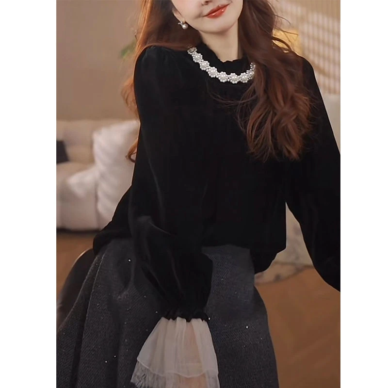 法式拼接蕾丝袖口气质衬衫2025春季新款撞色设计感圆领长袖上衣女