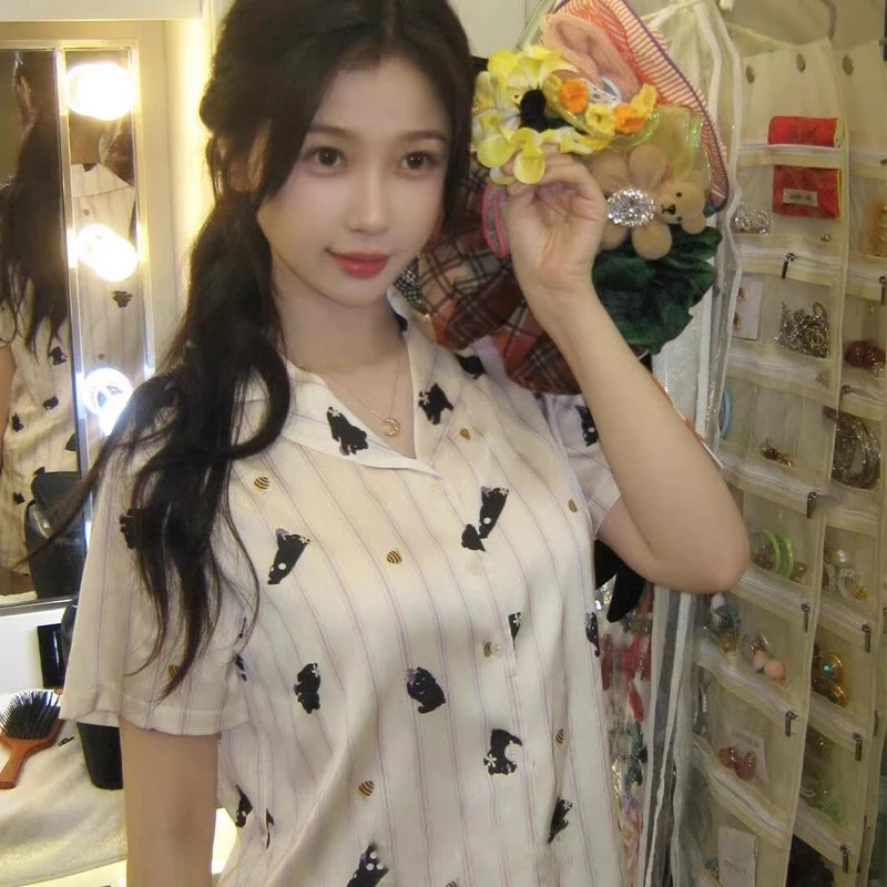 虞书欣同款睡衣女款条纹冰丝2025新款夏季带胸垫蜜罐熊家居服套装