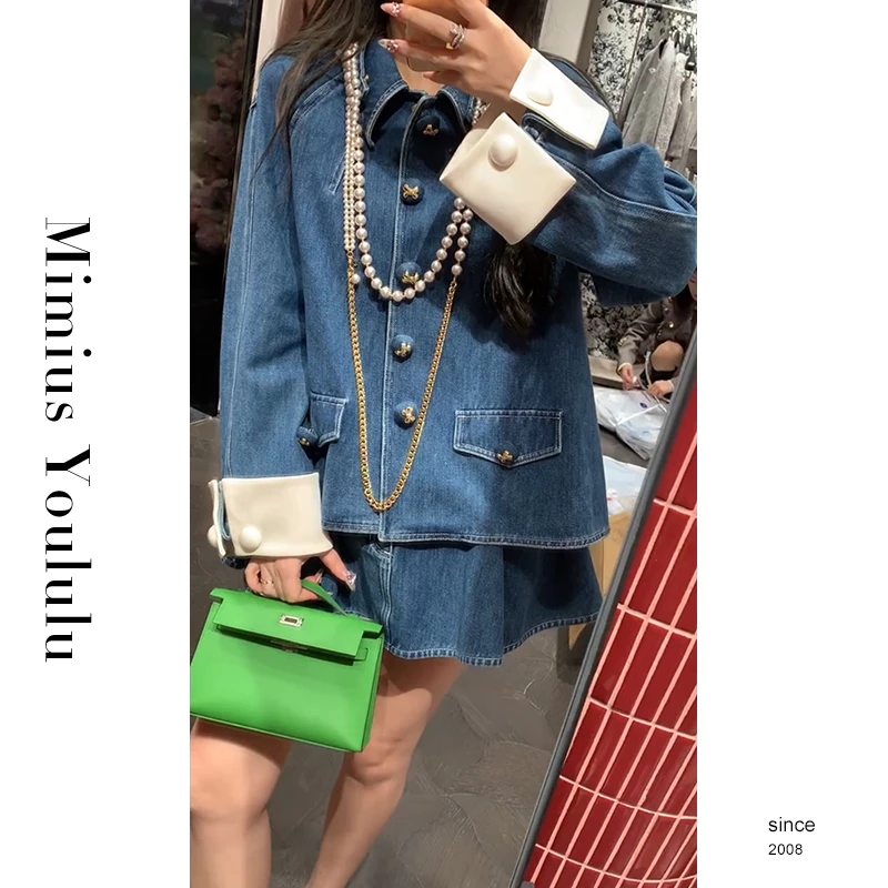 【mimius】&C游鹿鹿复古摩登牛仔翻领蝴蝶结纽扣衬衫+裙裤 G02097