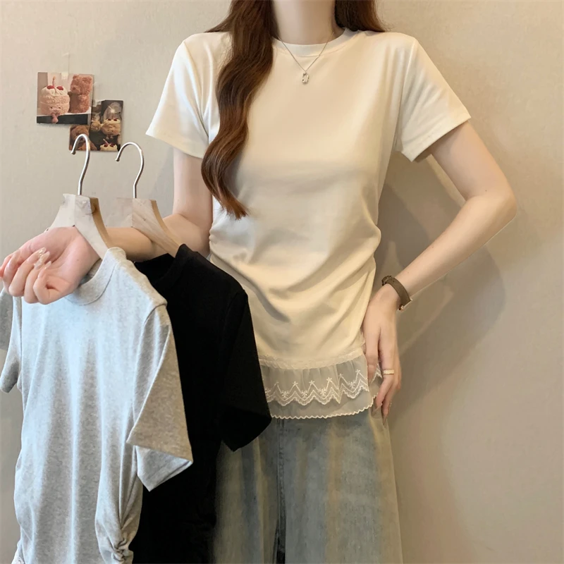 哺乳期外出穿喂奶短袖蕾丝荷叶边修身褶皱遮肚打底衫韩系气质上衣