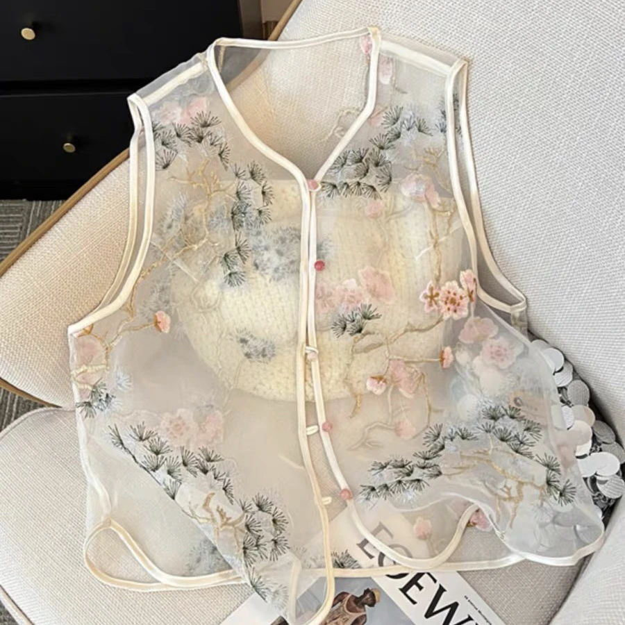 “春意盎然”刺绣薄如蝉翼重工花朵新中式复古马甲