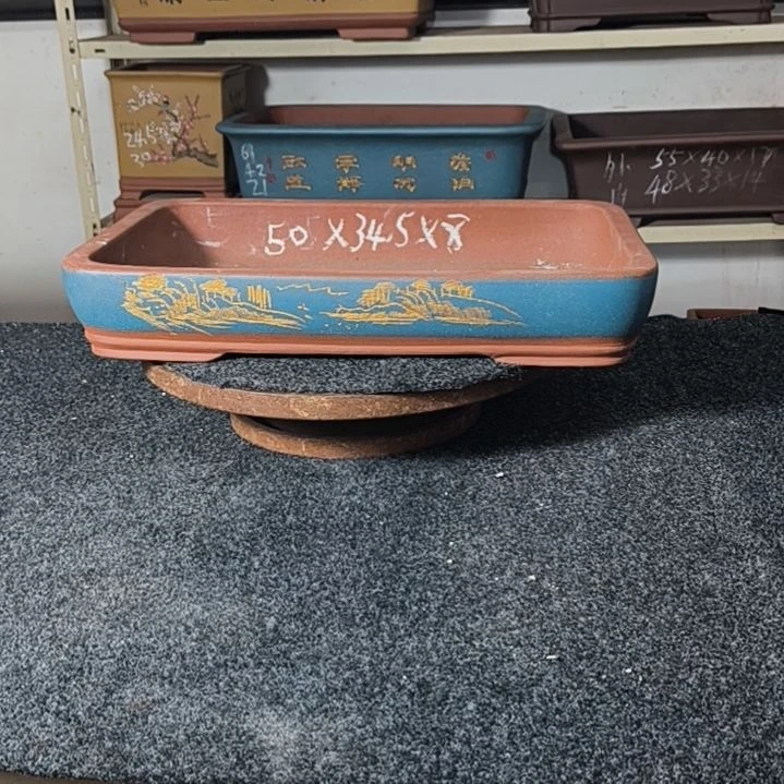 紫砂花盆宝蓝色大号有孔水底