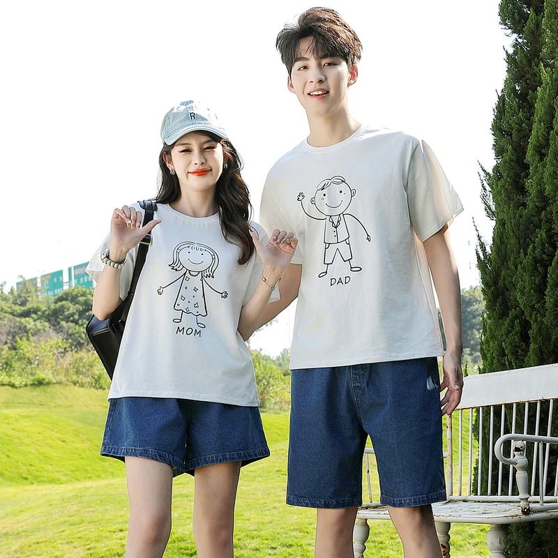 牛仔情侣装夏装高级感韩版短袖t恤同色系超火半袖上衣套装休闲潮