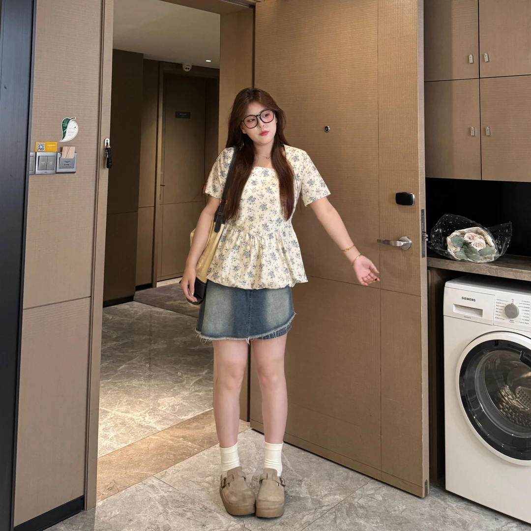 盈盈&南岛风大码女装碎花百搭花苞上衣夏季胖mm短袖衬衫ZYY1917