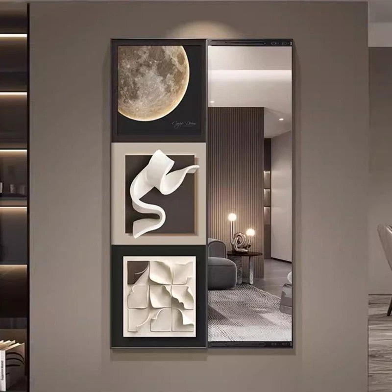倪鸿现代抽象入户玄关推拉全身镜装饰画客厅暗藏可翻开穿衣镜月球