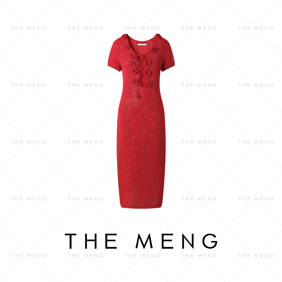 THE MENG【微醺花海】长绒棉通勤绣花显瘦短袖连衣裙#M252G0410