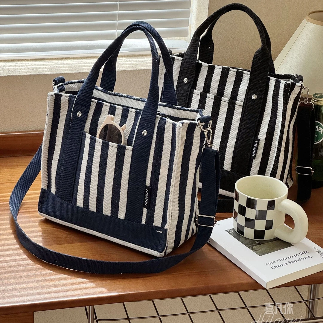 原创自制日系条纹文艺帆布手提斜挎包日常百搭休闲学生通勤托特包