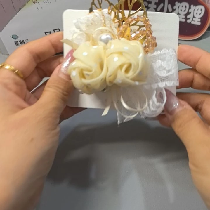 东***玲沫小狸狸奶黄波点玫瑰花发饰