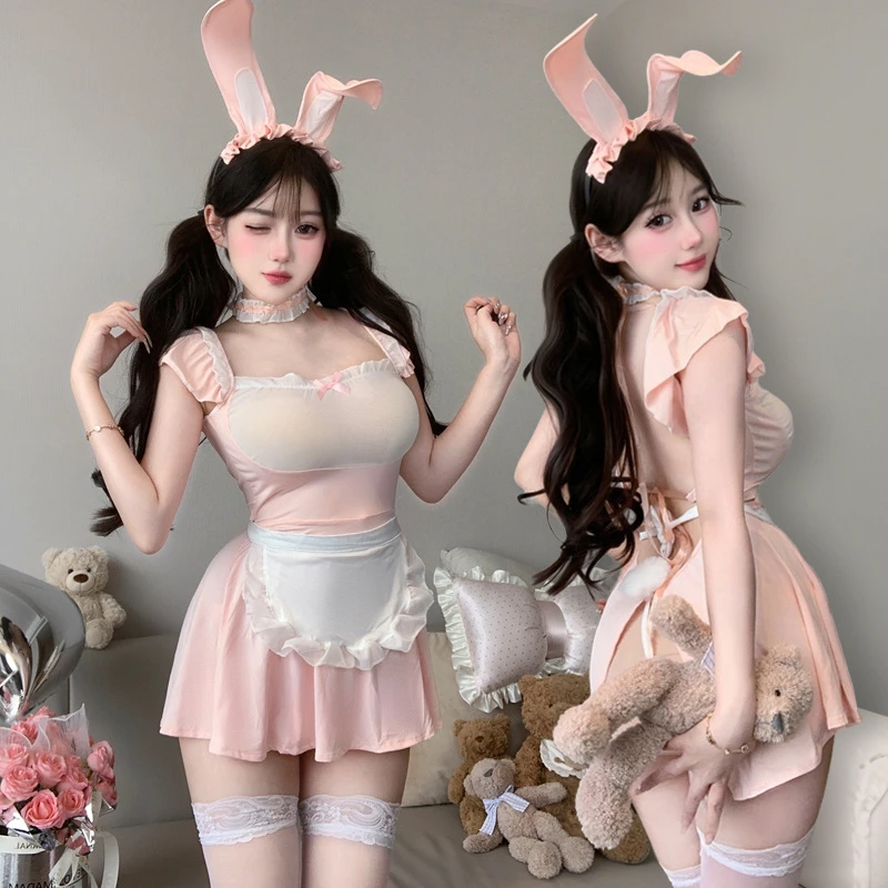 性感女纯欲猫女郎制服蕾丝拼接挂脖包臀套装8251