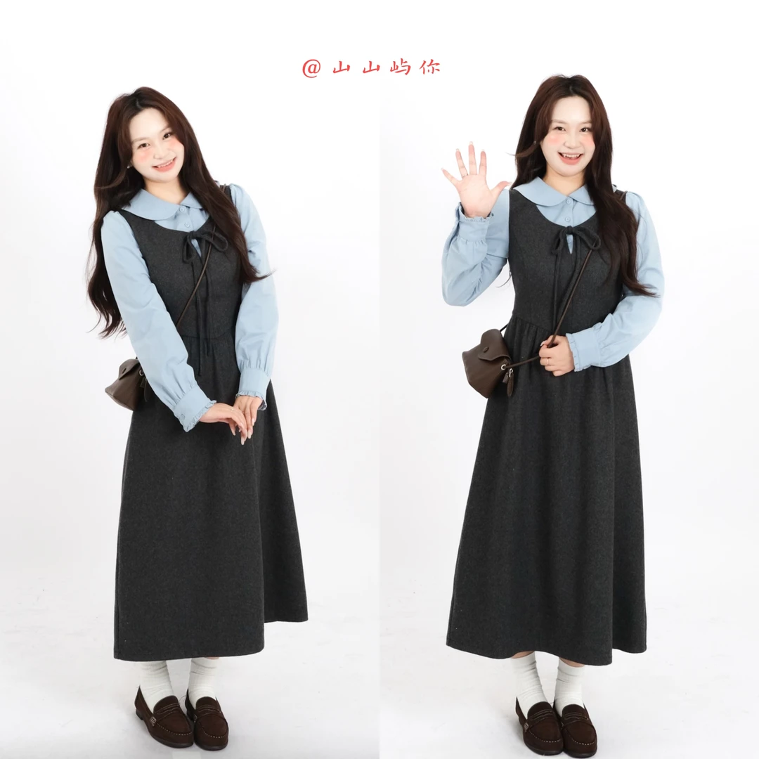 KMZY/KMZY山_山【见习生】微胖mm韩版气质时尚杂色呢料假两件连衣裙