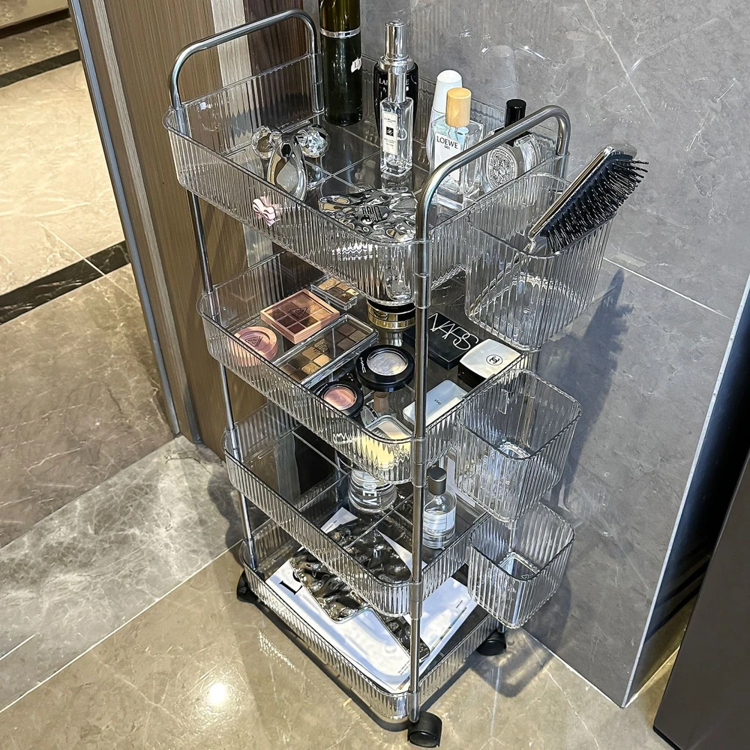 亚克力化妆品小推车床边挂篮零食收纳架子卫生间落地可移动置物架