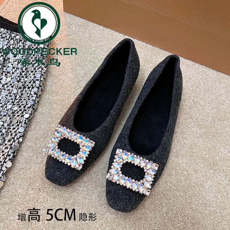 啄木鸟内增高5CM方头浅口钻扣单鞋女小个玛丽珍灰色加绒毛毛鞋子