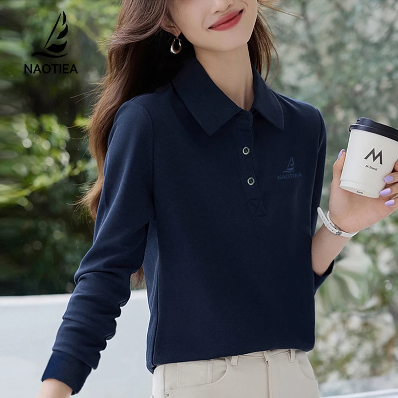 纳奥蒂尔小帆船翻领T恤女2025春秋新款大码休闲内搭打底长袖上衣