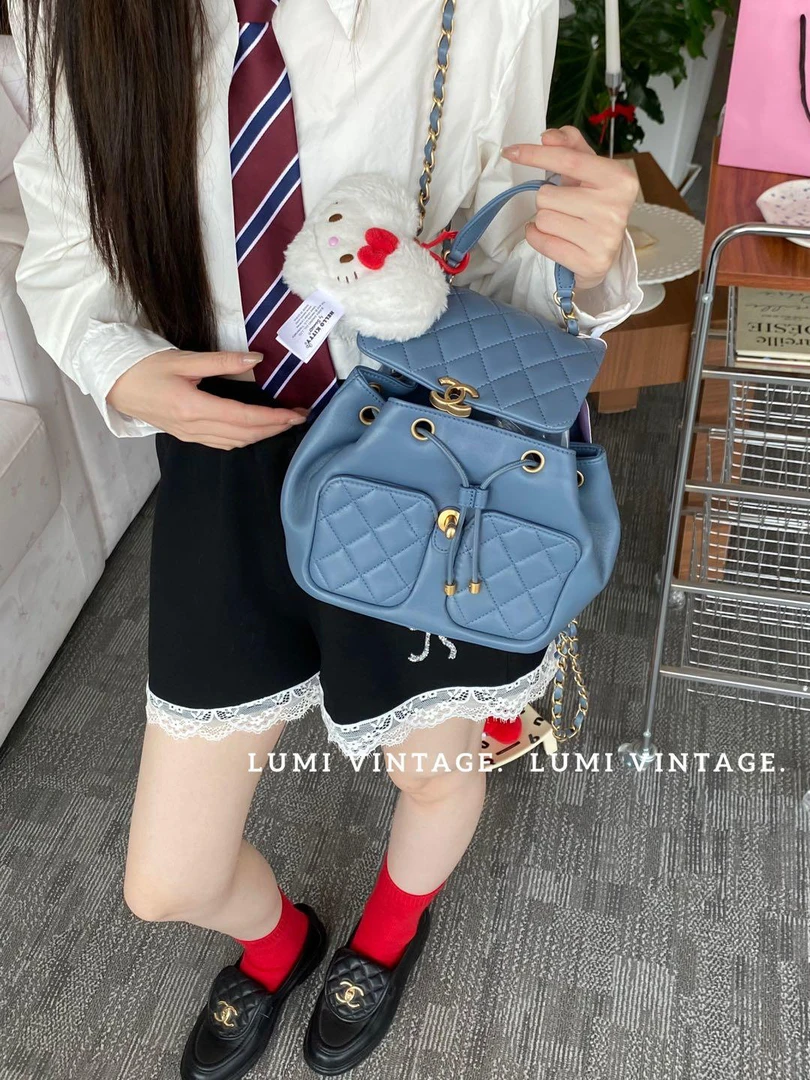 95新 Chanel/香奈儿 23K雾霾蓝金扣小双肩 芯片款 84249741