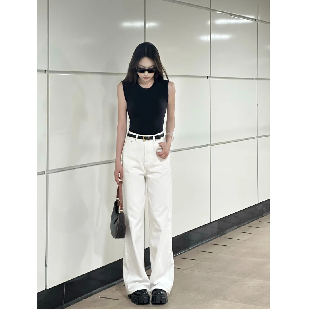 NEUFNEUF9 北欧极简线条阔腿白色牛仔裤