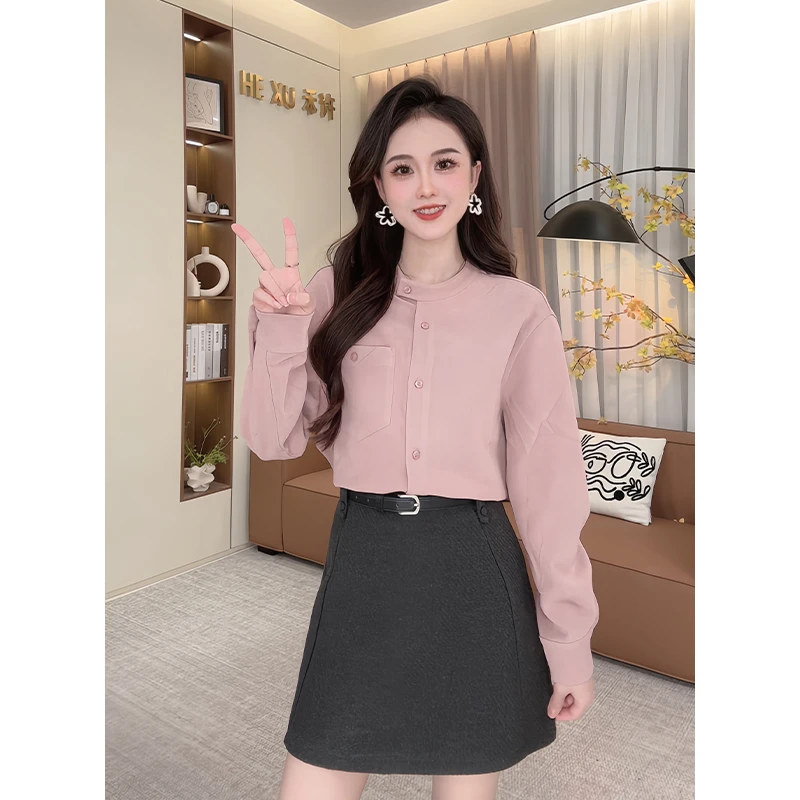 日系甜美风粉色立领设计感衬衫女2024秋冬新款小个子长袖气质上衣
