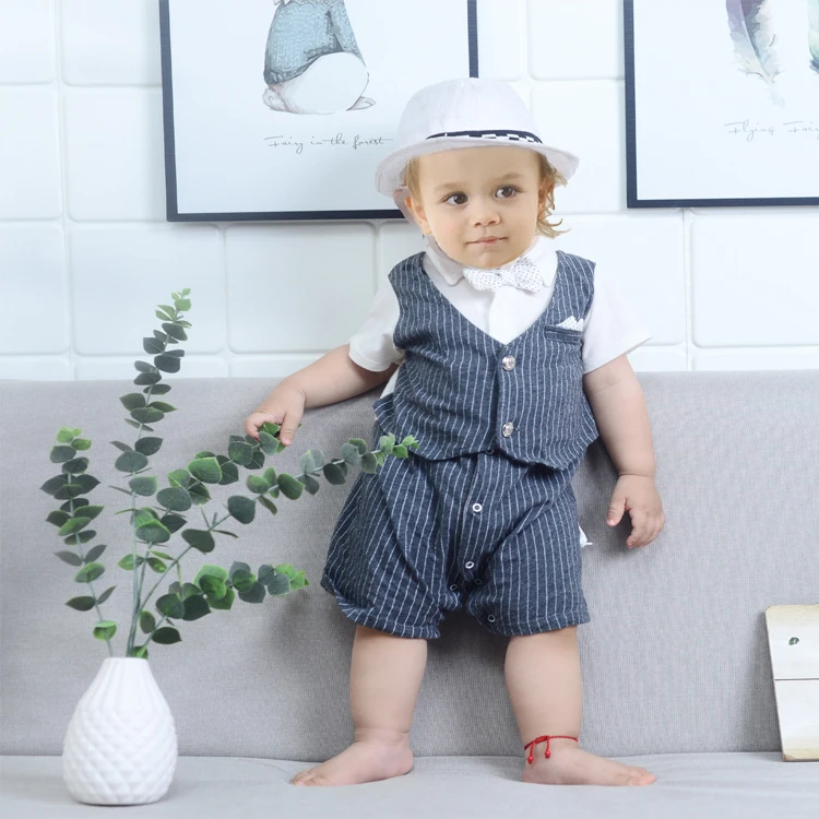 英式男宝宝绅士连体衣服婴儿满月百天周岁礼服爬爬服哈衣薄款夏装