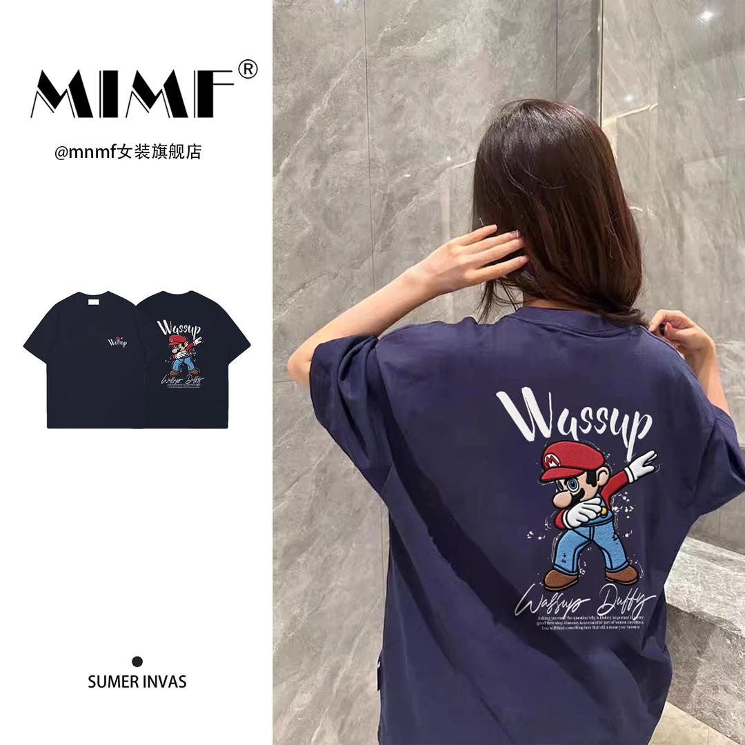 mnmf【仿刺绣印花】韩版卡通字母印花短袖T恤男女潮流纯棉半袖上衣