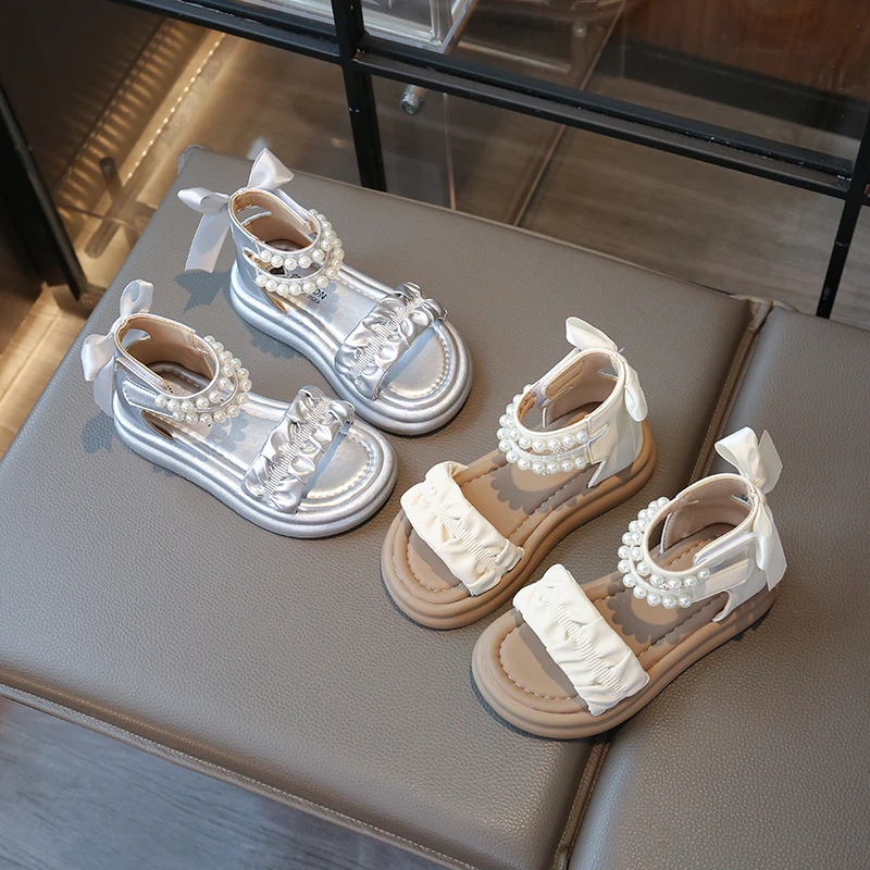 儿童公主凉鞋2025夏季新款女童珍珠中帮罗马鞋时尚学生露趾沙滩鞋