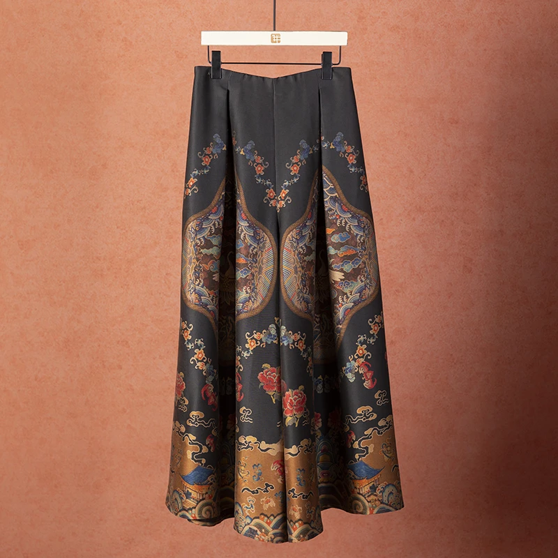 我的搭配师2025冬季十二月新款香云纱桑蚕丝重缎定位花长款阔腿裤