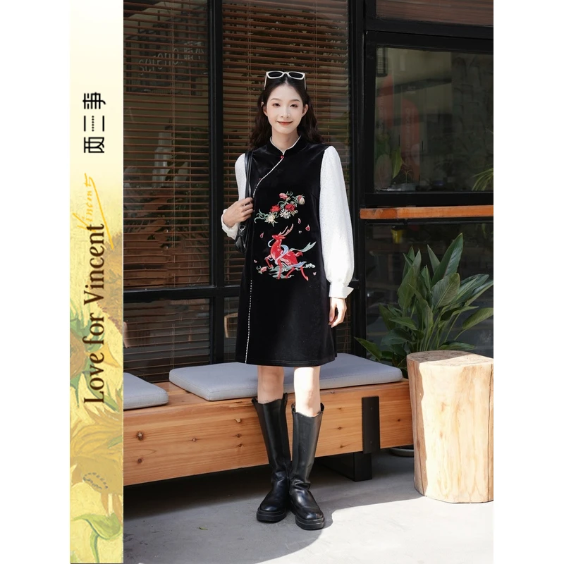 两三事【九色鹿刺绣】鹿隐琼宇晚宴场合女装连衣裙新中式显瘦假两件