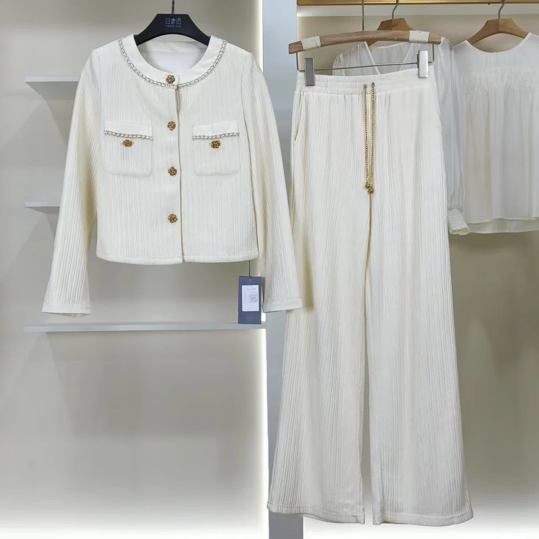 麦迪尚品【白LY】50407124时尚上衣阔腿裤套装春季女装品牌专柜