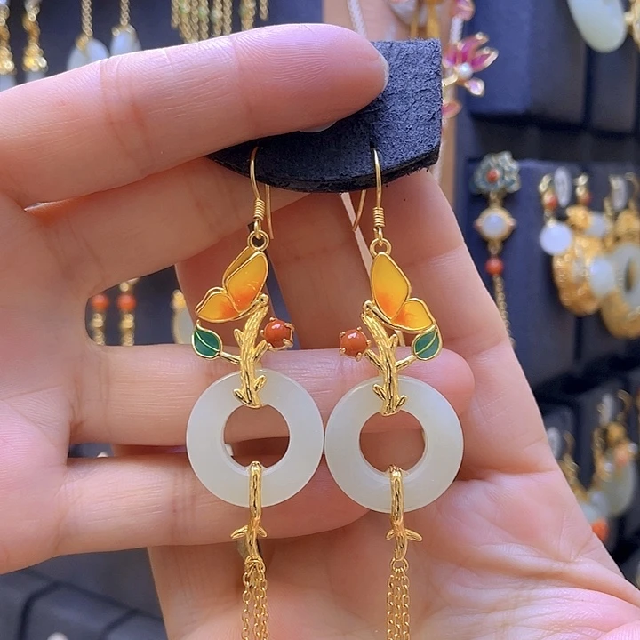 和田玉银S925镀金镶嵌耳饰