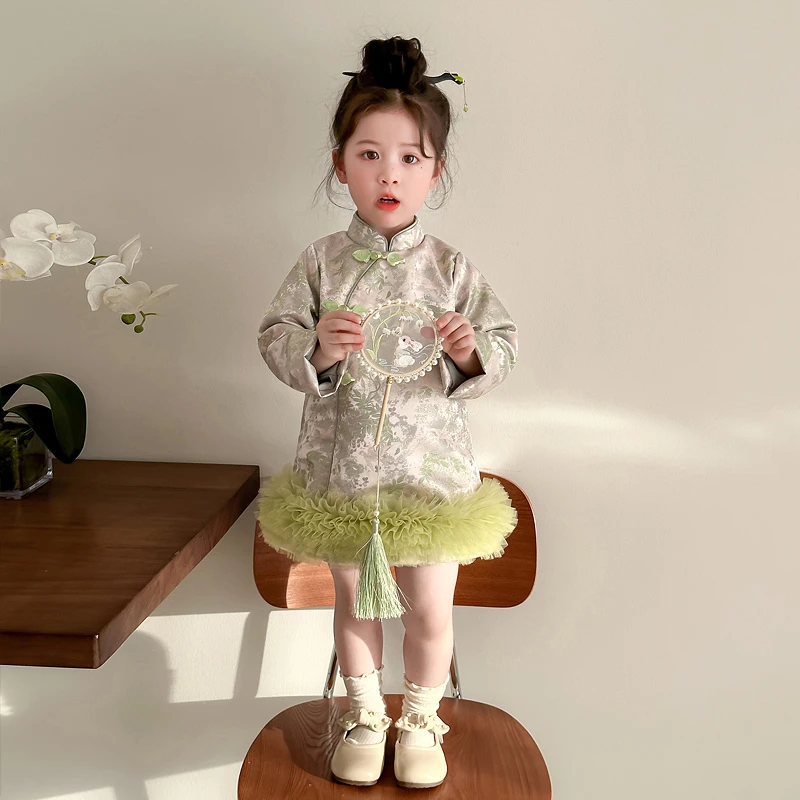 女童新中式网纱旗袍裙春季2025新款女孩中国风汉服连衣裙儿童唐装