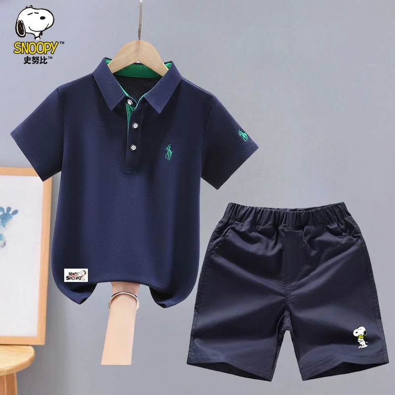 史努比男童套装夏装2025新款洋气中大童男孩POLO衫短袖T恤两件套