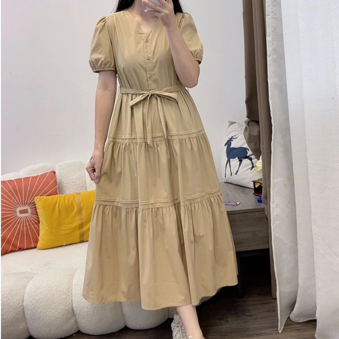 2025显瘦减龄新款连衣裙V领短袖配腰带褶皱气质长裙DYY2912