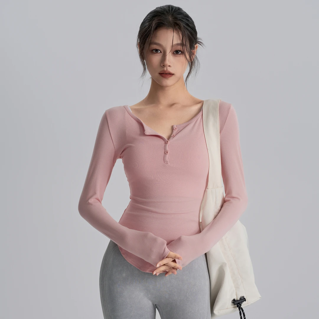 健身女孩V领修身收腰瑜伽服普拉提跑步运动T恤纽扣打底衫秋款长袖