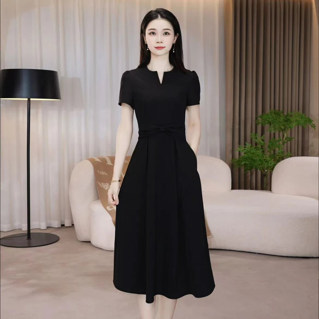 【连衣裙】2025新款夏季时尚气质法式收腰显瘦遮肚中长款连衣裙