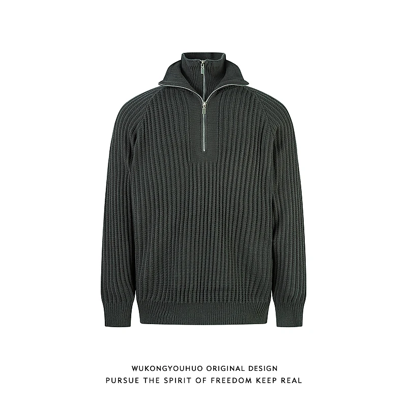 悟空有货小众设计双层领半拉链毛衣男韩系复古老钱风肌理感针织衫