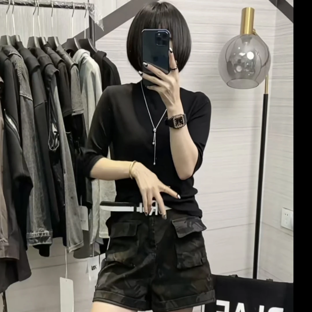 堆堆领显瘦五分袖打底衫