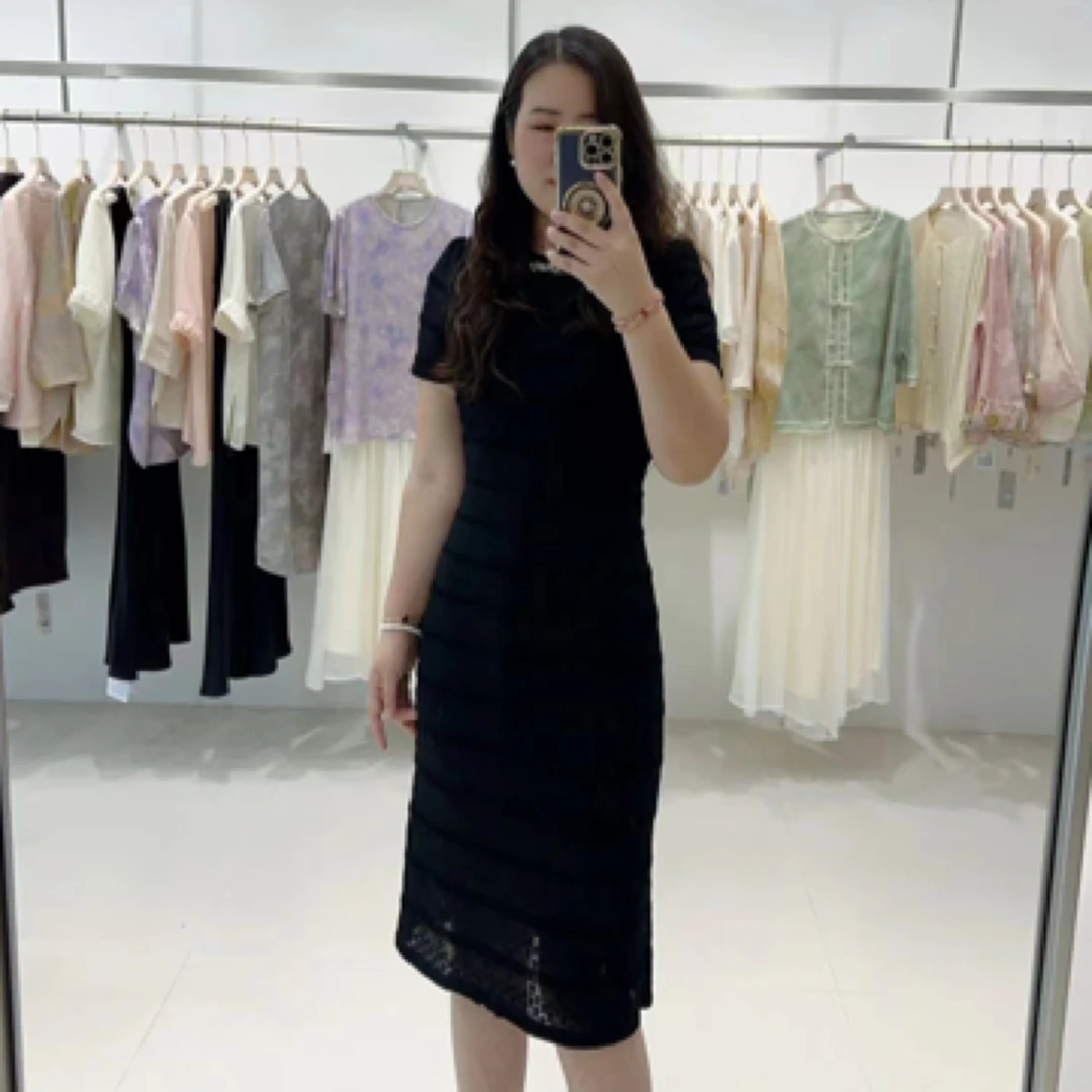 圆领夏季法式常规极简风连衣裙旗袍女装显瘦蕾丝修身