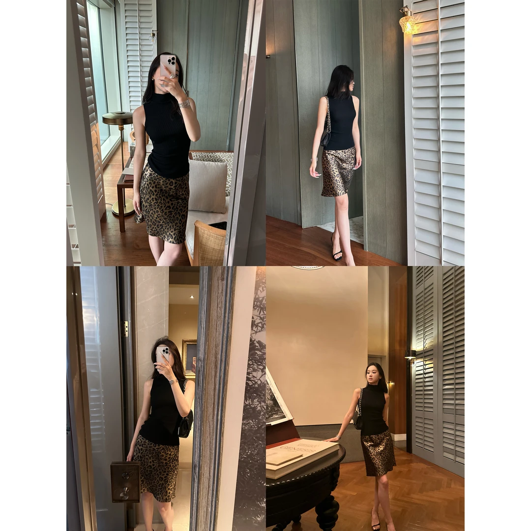 5werkwen 高领无袖针织背心/烫金豹纹A字半裙