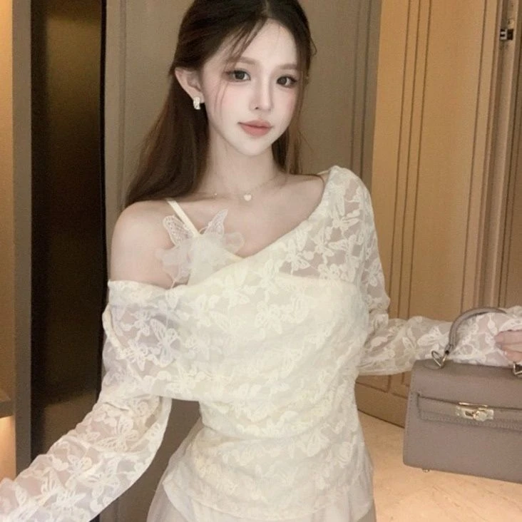 不规则假两件荡领蕾丝长袖t恤女夏纯欲辣妹一字肩小上衣独特绝美