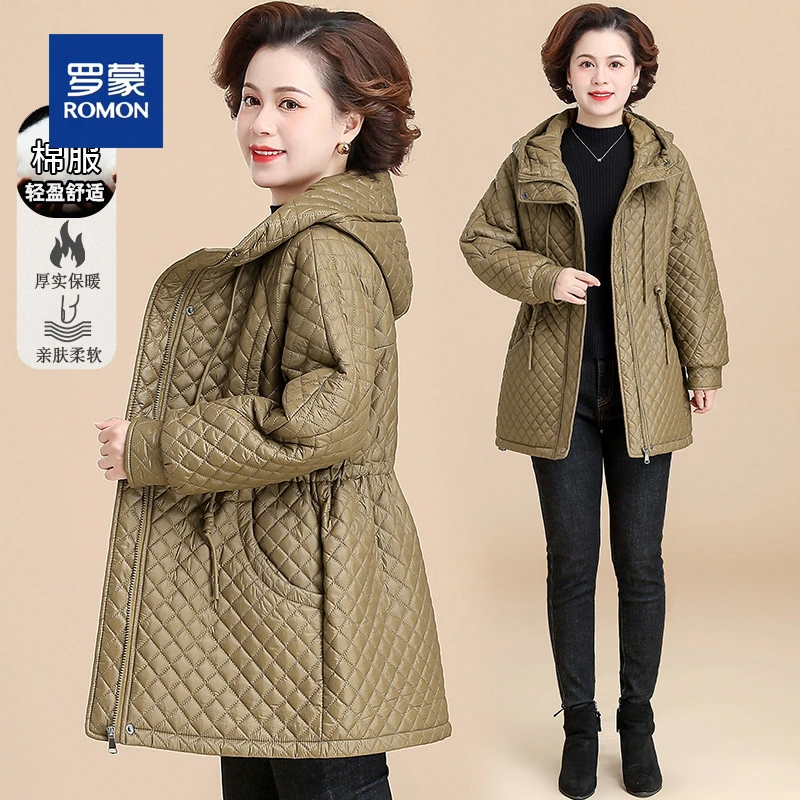 罗蒙中年妈妈秋冬装外套女中长款大码棉服女中老年保暖连帽棉衣女