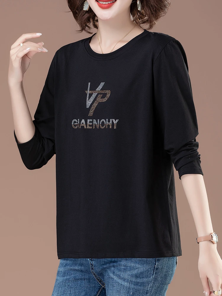 洋气大码镶钻常规韩版长袖显瘦宽松型秋装字母秋季春秋圆领T恤