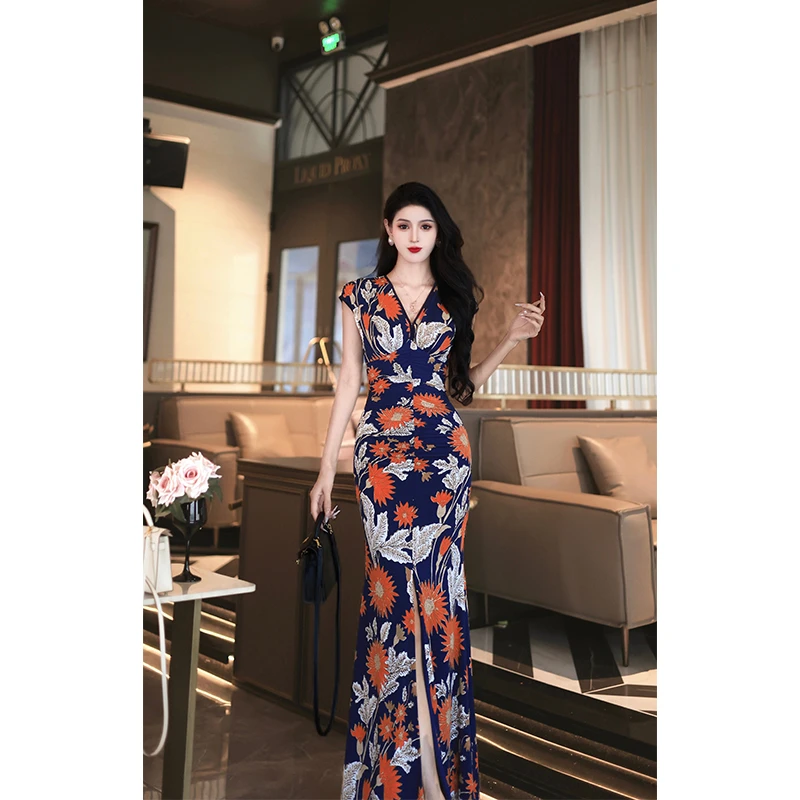 尤克菲儿 夏季水晶麻印花长裙显瘦时尚气质开叉长款法式连衣裙