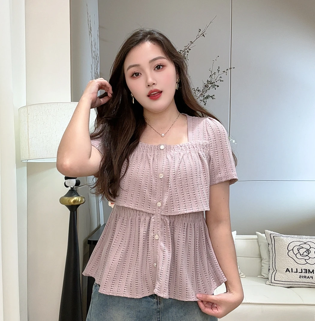 大码女装胖mm法式气质方领镂空短袖夏季荷叶边遮肚显瘦上衣